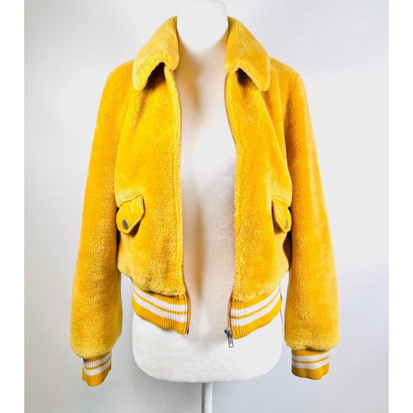 Samantha Sipos Shearling Bomber Jacket Collared Full Zip Pockets Size XS Yellow - Picture 9 of 16